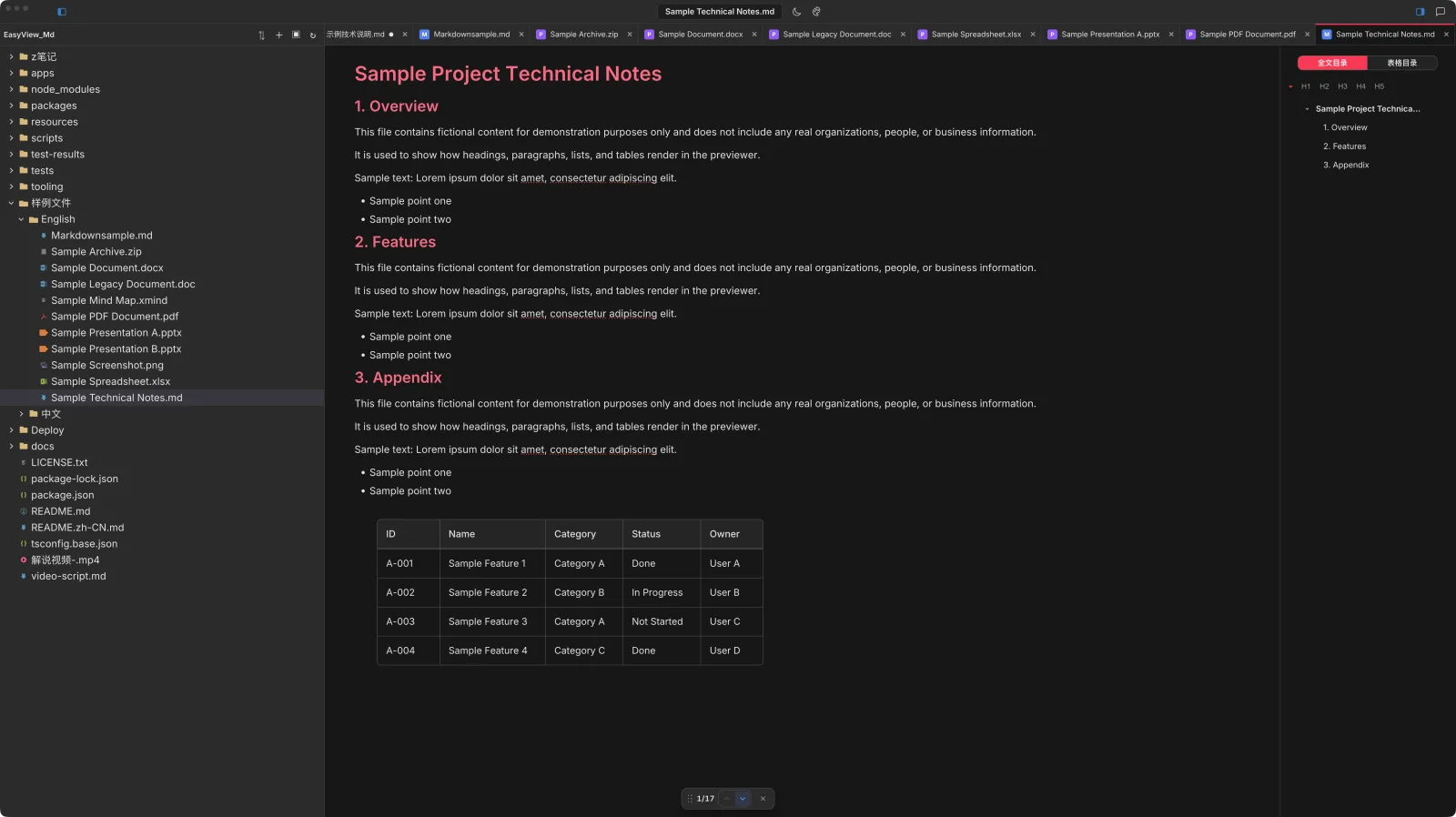 Visual Markdown editing with a diagram, table and callout, plus the outline panel
